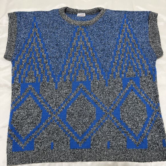 Womens Vintage Sweater Vest Fortune Knits USA Blue Grey  23” Chest pit to pit - Picture 1 of 12